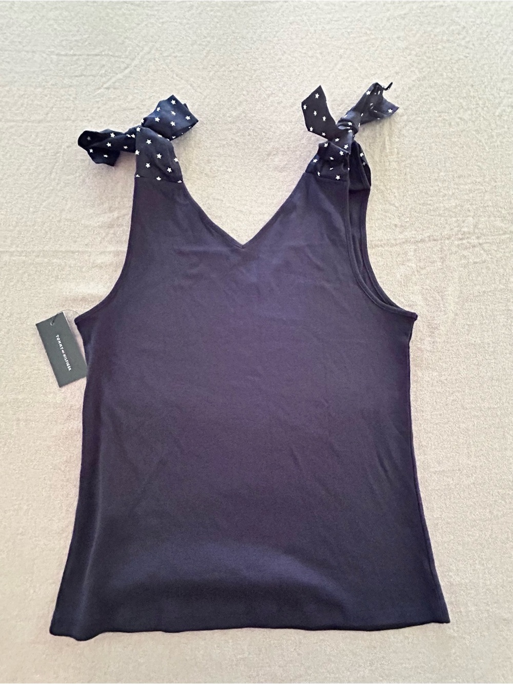 Tommy Hilfiger Tank Top w/ Shoulder White Star Bow V-Neck Navy Cotton Women’s M - Picture 4 of 14